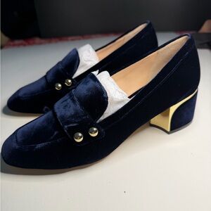 Cole Haan Navy Velvet Loafers with Gold Heel